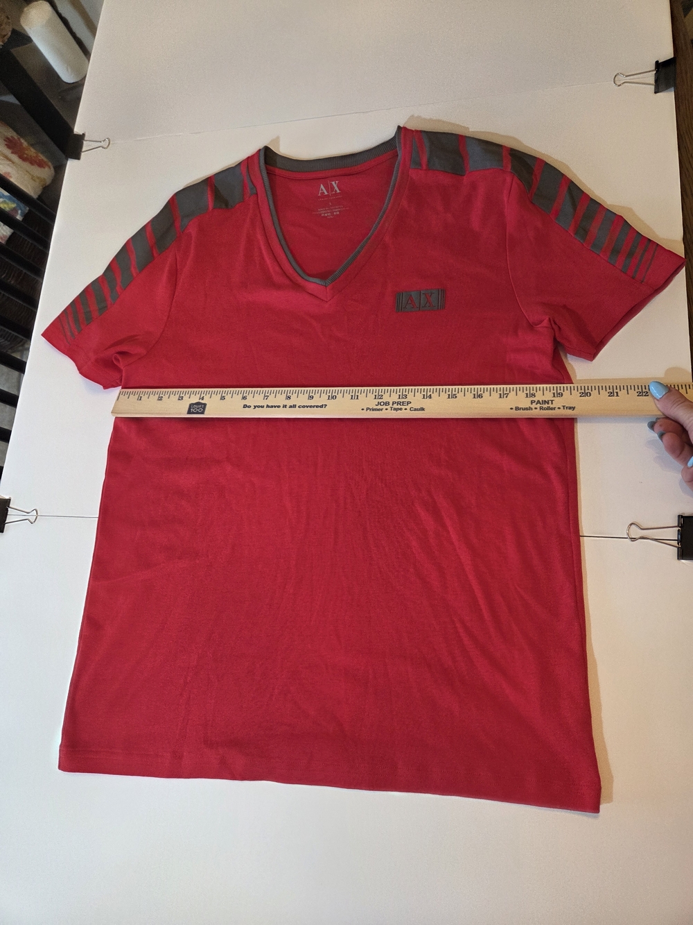 A/X Armani Exchange Red V-Neck Short Sleeve Tee with Gray Shoulder Stripes - Picture 6 of 10